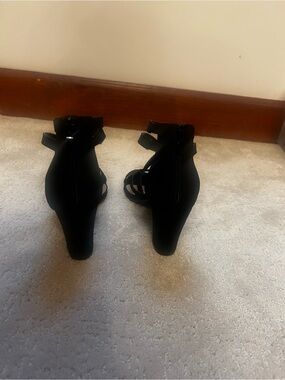 Women's Black Strappy Wedge Heels with Back Zip Closure